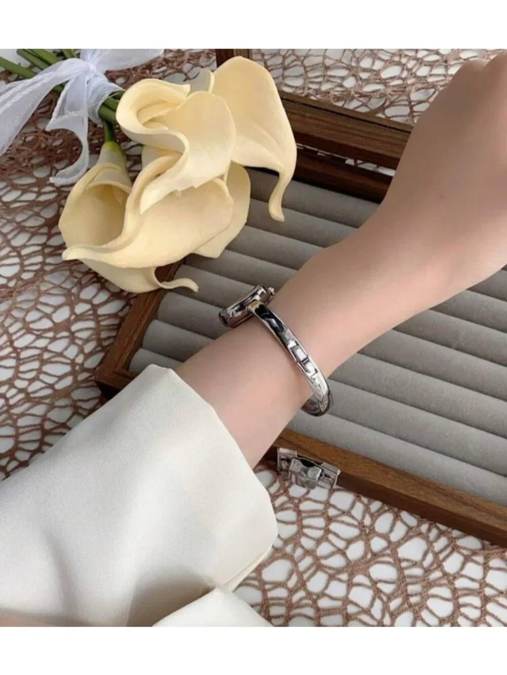 Women's Silver Bangle Bracelet Oval Dial Roman Numeral Elegant Style Wrist Watch